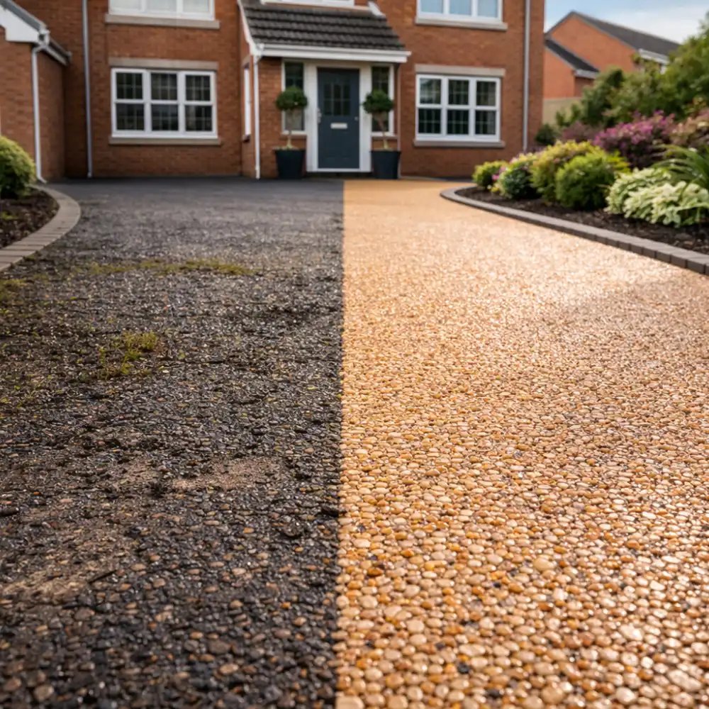 Dirty and faded resin driveway surface